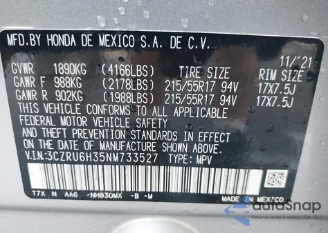 2022 Honda Hr-V Awd Lx z USA, uszkodzony, nr VIN 3CZRU6H35NM733527